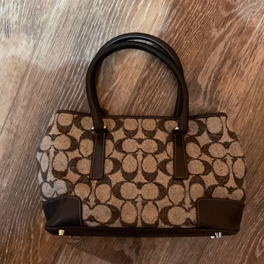 Coach chocolate brown mini carryall handbag - winter wool and leather